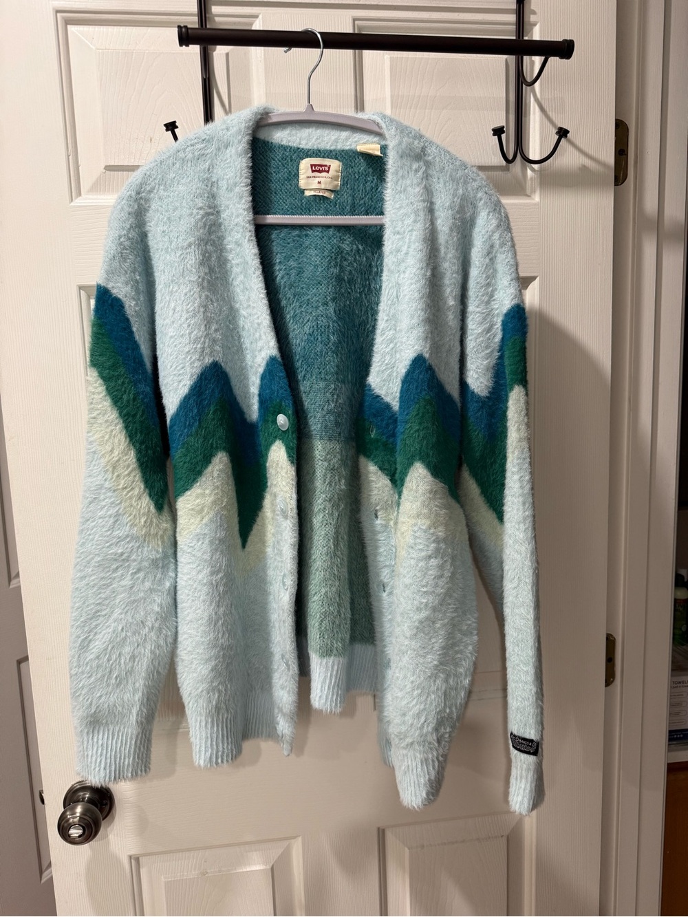 Levi's men's Light Blue Fuzzy Cardigan with Teal and Green Chevron
